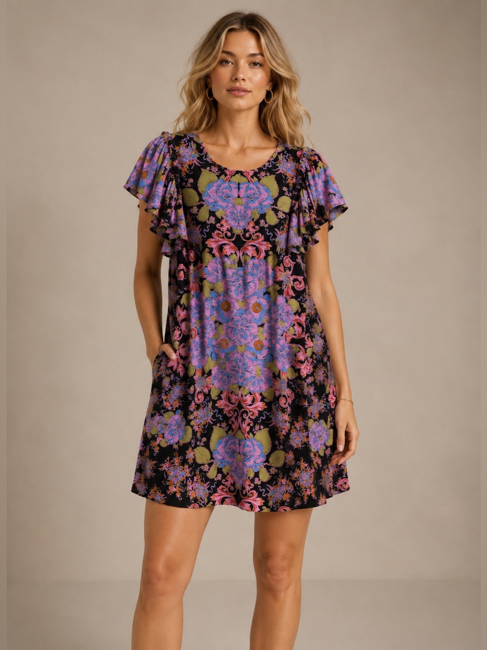 Free People Yara Printed Mini Dress Twilight Floral Flutter Sleeve Size L